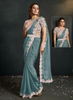 Silk Sky Blue Party Wear Embroidery Work Ready To Wear Saree